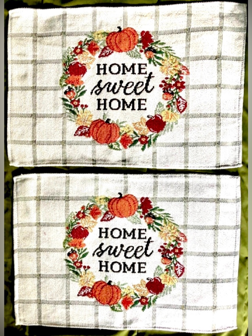 Home Sweet Home Fall Pumpkin Apple Leaf Wreath Grid Checks Placemats Pair 2 NWOT
